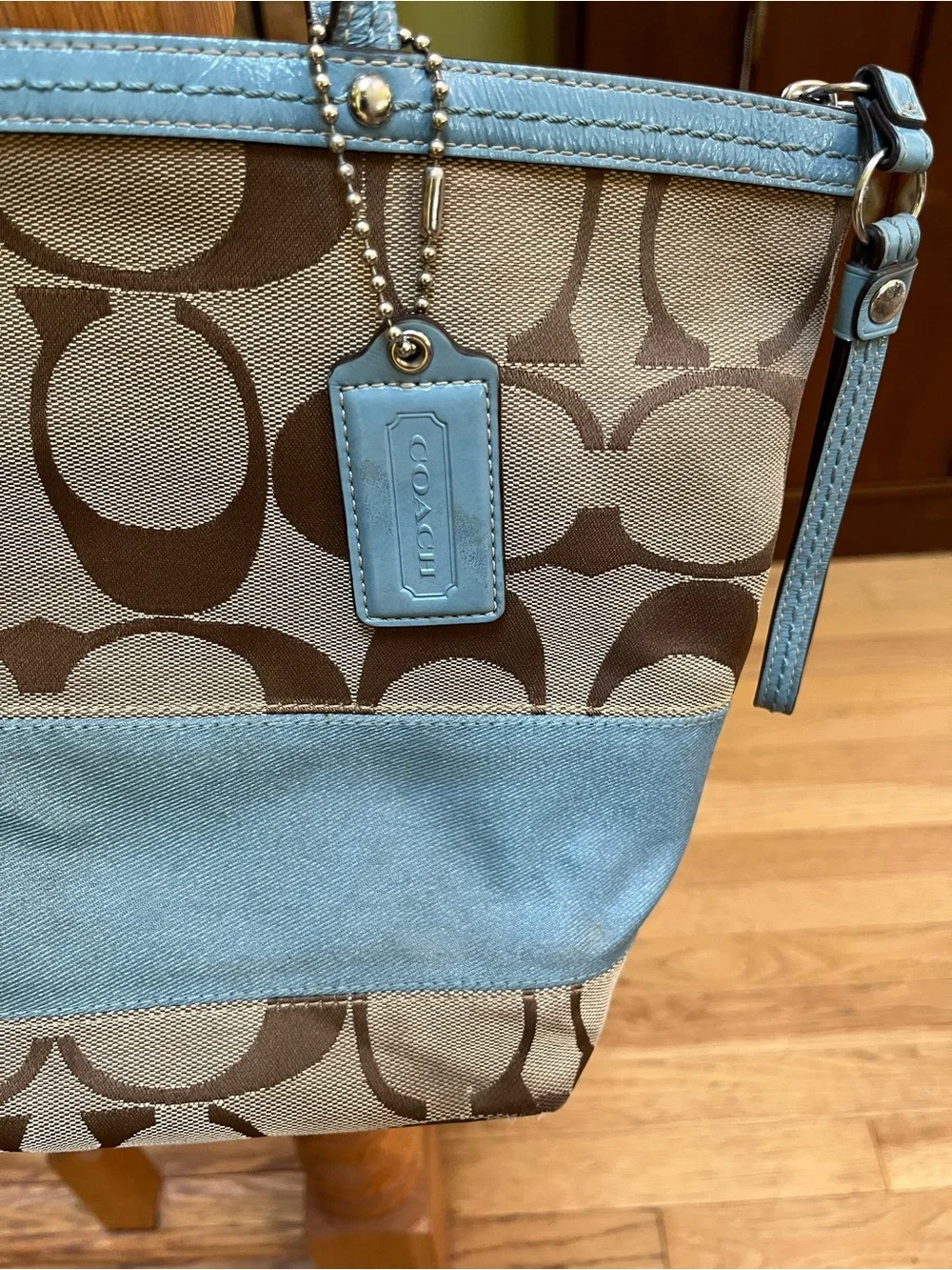 Coach Brown Signature Canvas Tote with Light Blue Trim